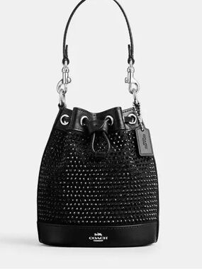 Coach Black Studded Leather Drawstring mini Bucket Bag